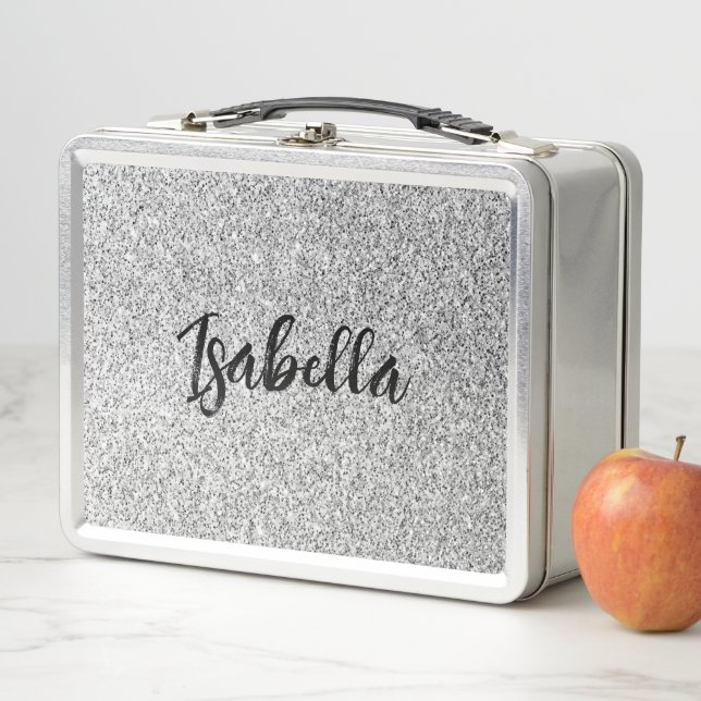 Silver grey light glitter sparkles Custom name Metal Lunch Box (In Situ)