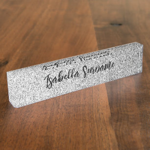 Silver grey light glitter sparkles Custom name Nameplate