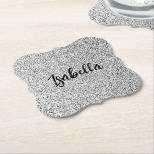 Silver grey light glitter sparkles Custom name Paper Coaster