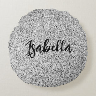 Silver grey light glitter sparkles Custom name Round Cushion