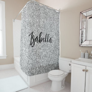 Silver grey light glitter sparkles Custom name Shower Curtain