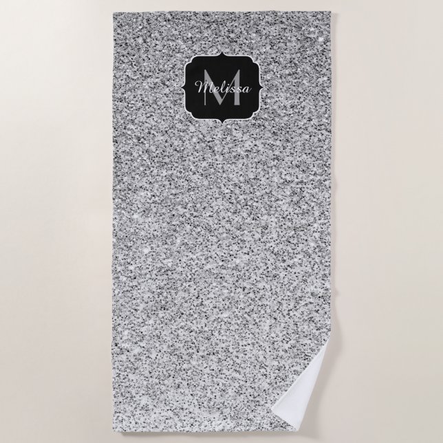Silver grey light glitter sparkles Monogram Beach Towel (Front)