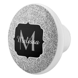 Silver grey light glitter sparkles Monogram Ceramic Knob