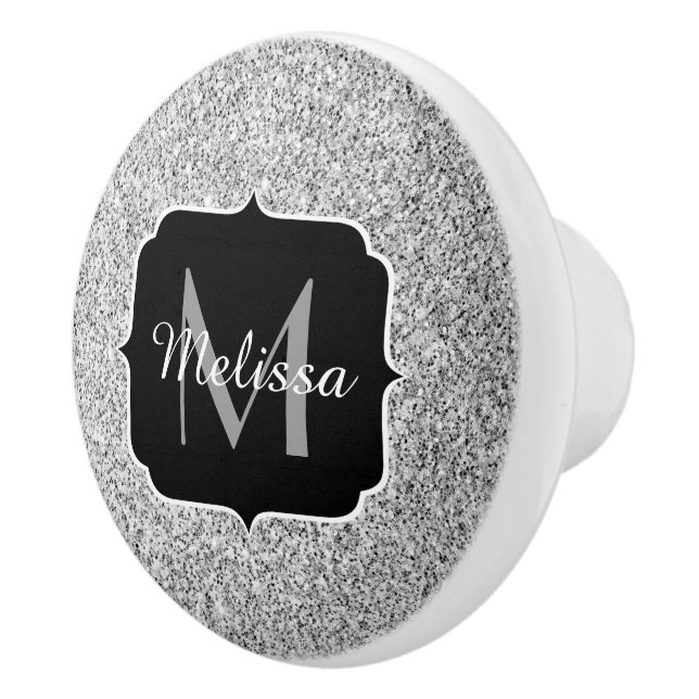 Silver grey light glitter sparkles Monogram Ceramic Knob (Right)