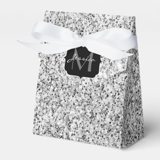 Silver grey light glitter sparkles Monogram Favour Box (Front Side)