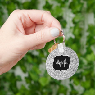 Silver grey light glitter sparkles Monogram Key Ring