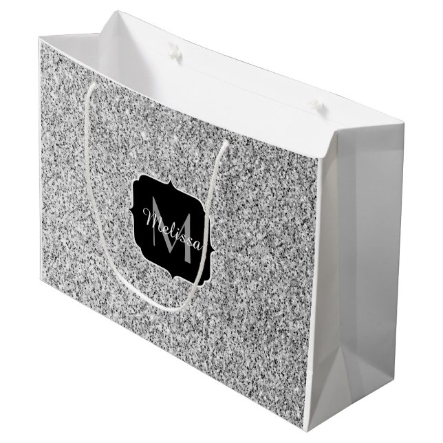 Silver grey light glitter sparkles Monogram Large Gift Bag (Front Angled)