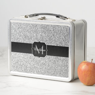 Silver grey light glitter sparkles Monogram Metal Lunch Box