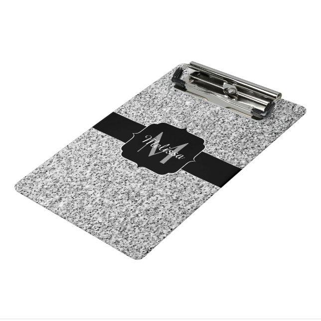 Silver grey light glitter sparkles Monogram Mini Clipboard (Angled3)