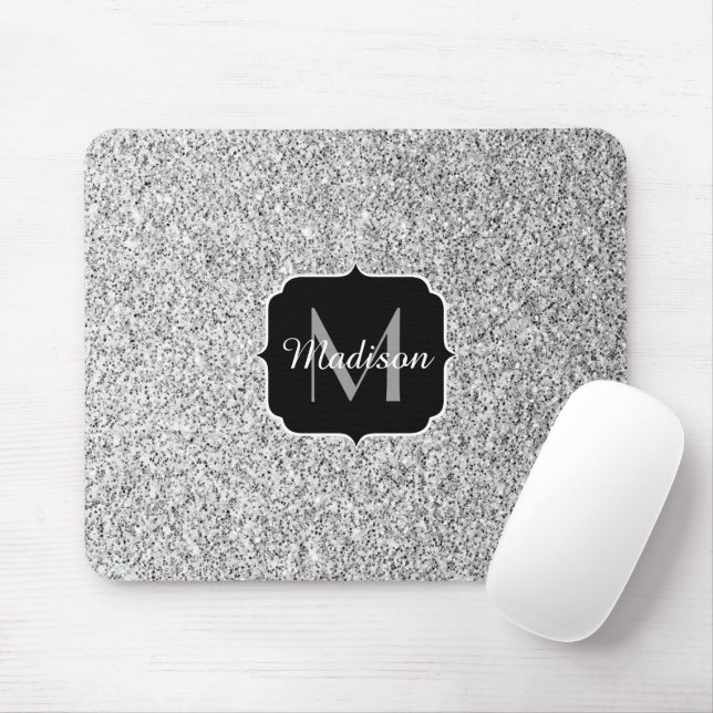 Silver grey light glitter sparkles Monogram Mouse Pad (With Mouse)