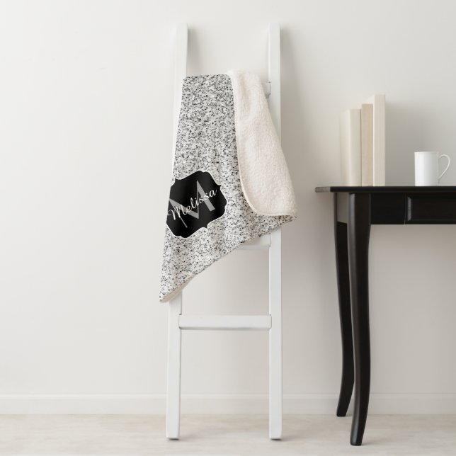 Silver grey light glitter sparkles Monogram Sherpa Blanket (In Situ)