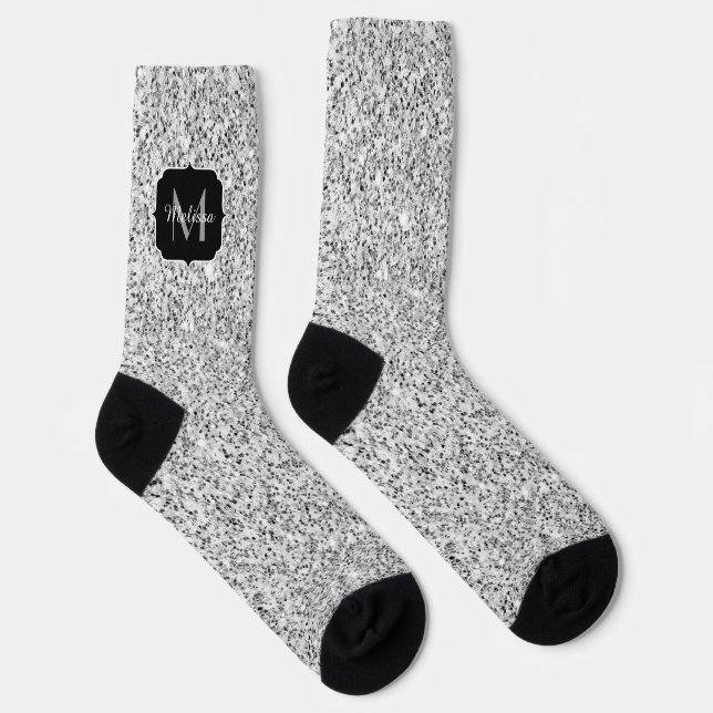 Silver grey light glitter sparkles Monogram Socks (Right)