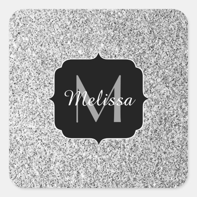 Silver grey light glitter sparkles Monogram Square Sticker (Front)