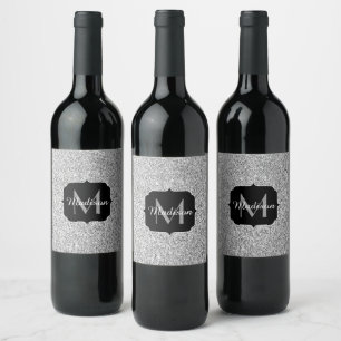 Silver grey light glitter sparkles Monogram Wine Label