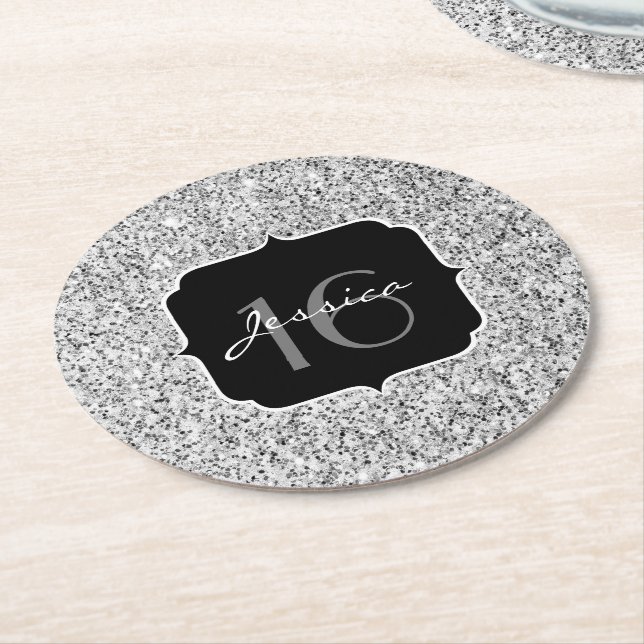 Silver grey light glitter sparkles Sweet 16 Round Paper Coaster (Angled)