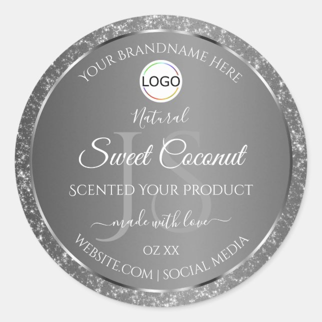 Silver Grey Logo Initials Glitter Product Labels (Front)