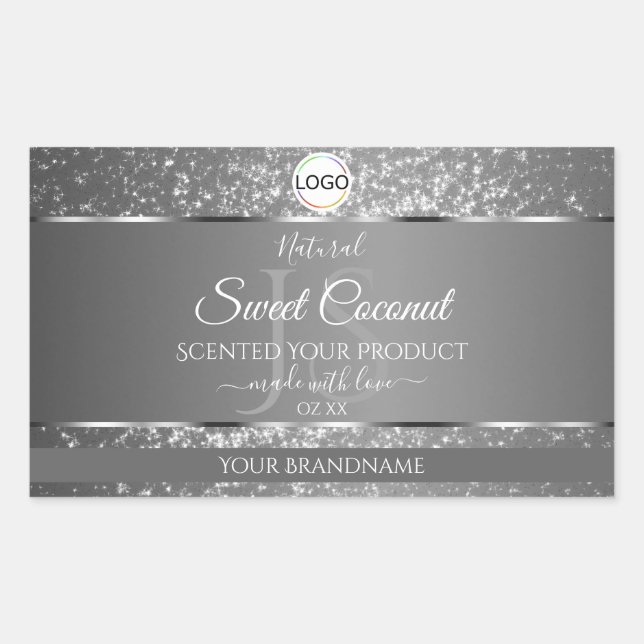 Silver Grey Logo Initials Glitter Product Labels (Front)
