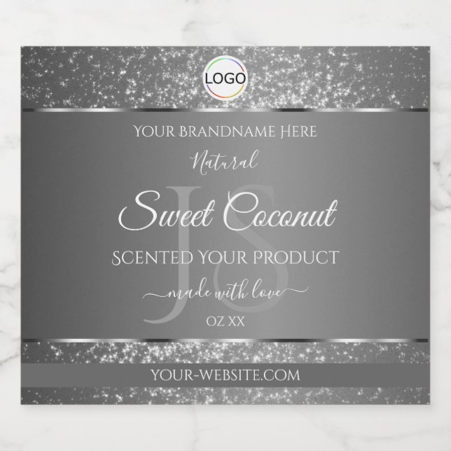 Silver Grey Logo Initials Glitter Product Labels (Single Label)