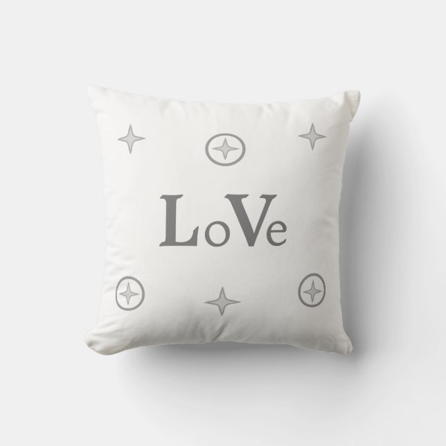 Silver Grey Love Text and Stars on White Throw Pil Cushion (Front)
