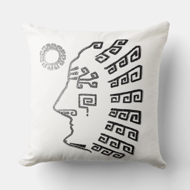 Silver Grey Machu Picchu Drawing on White Cushion (Front)