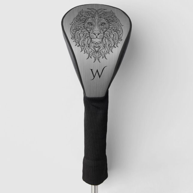 Silver Grey Mandala Lion Head Monogram Initial  Golf Head Cover (Front)