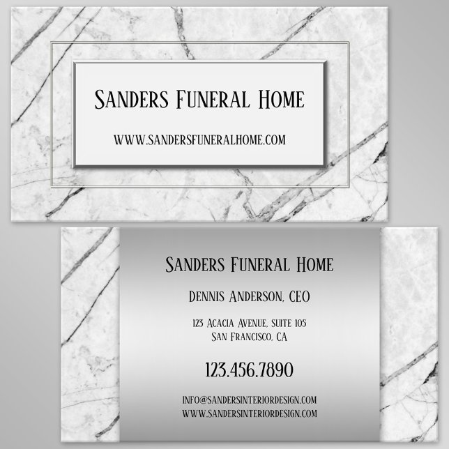 Silver Grey Marble Chic Business Card (Business card featuring a black and white marble design with silver lining - undertaker - cremation)