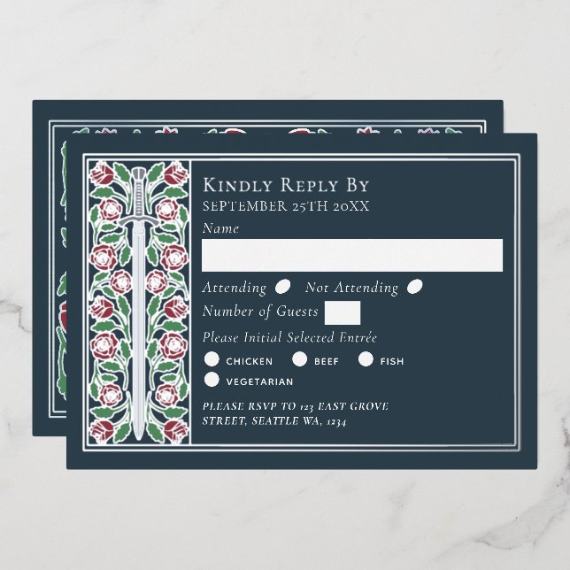 Silver Grey Mediaeval Floral Sword Wedding RSVP (Front/Back)