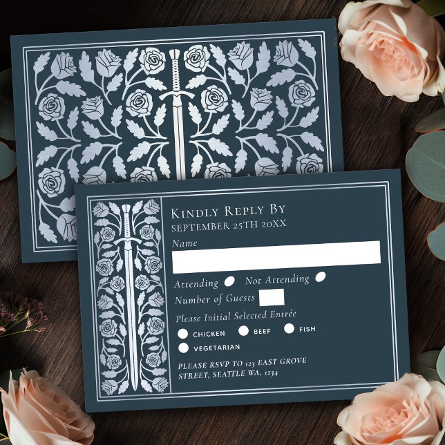 Silver Grey Mediaeval Sword Wedding RSVP Card (Creator Uploaded)