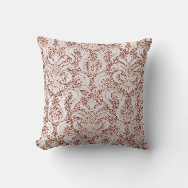Silver Grey Metal Damask Rose Pink Blush Glitter Cushion (Front)