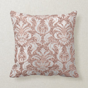 Silver Grey Metal Damask Rose Pink Blush Glitter Cushion
