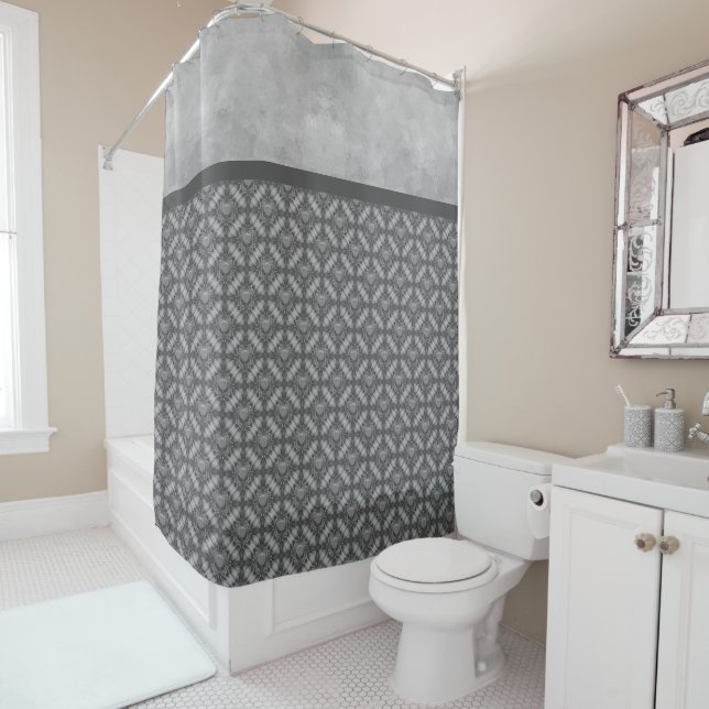 Silver Grey Metal Flowers with Gems Pattern Shower Curtain (In Situ)