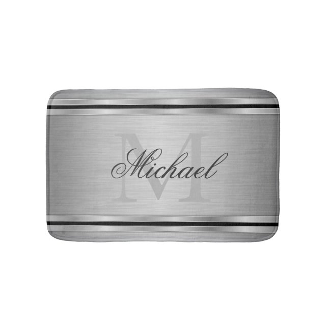 Silver Grey Metalic Pattern Monogram Bath Mat (Front)