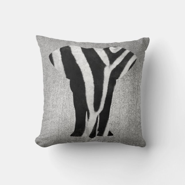 Silver Grey Metallic Black Zebra Skin Elephant Cushion (Front)