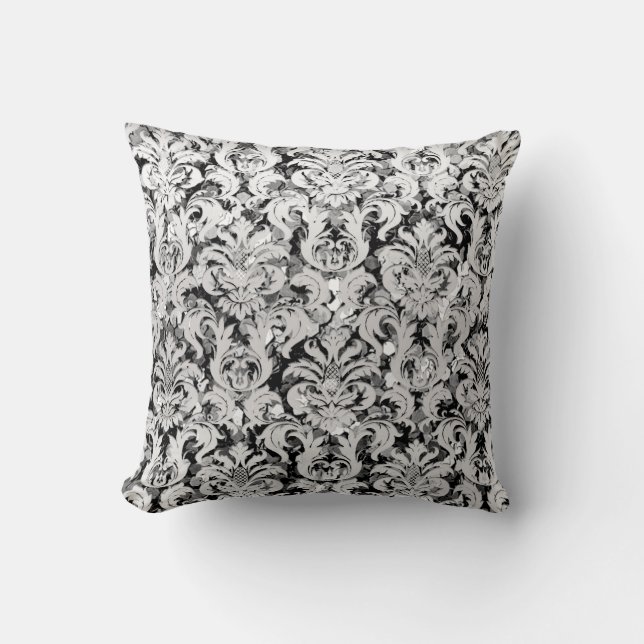 Silver Grey Metallic Damask Monochromatic Sequin Cushion (Front)