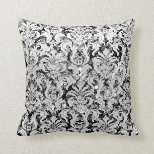 Silver Grey Metallic Damask Monochromatic Sequin Cushion