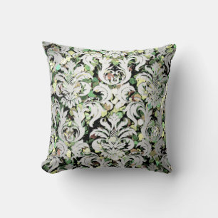 Silver Grey Metallic Damask Woodland Green Grey Cushion