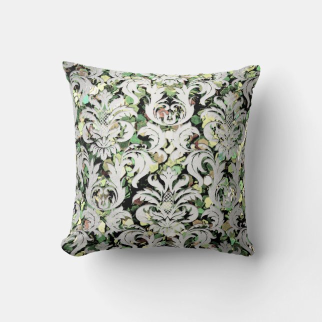 Silver Grey Metallic Damask Woodland Green Grey Cushion (Front)