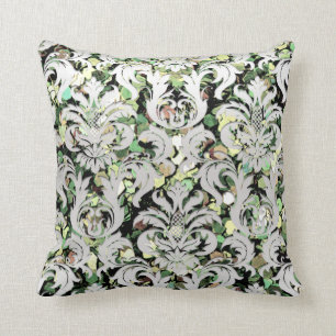 Silver Grey Metallic Damask Woodland Green Lux Cushion