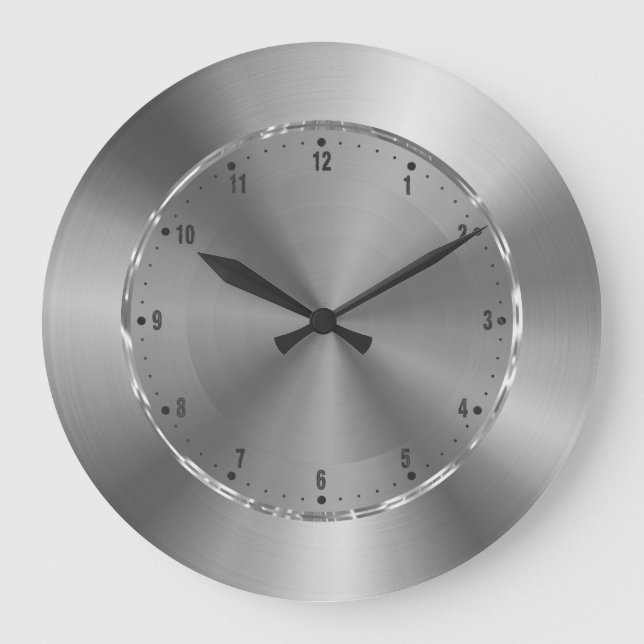 Silver Grey Metallic Design Stainless-Steel Look Large Clock (Front)
