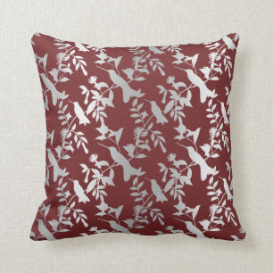 Silver Grey Metallic Floral Humming-birds Burgundy Cushion