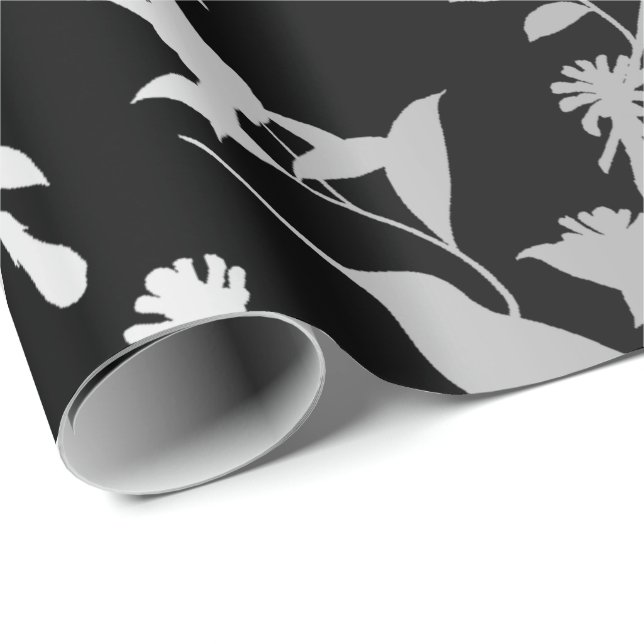 Silver Grey Metallic Hummingbird Flowers Black Wrapping Paper (Roll Corner)