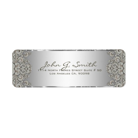 Silver Grey Metallic Pattern Floral Swirls Return Address Label