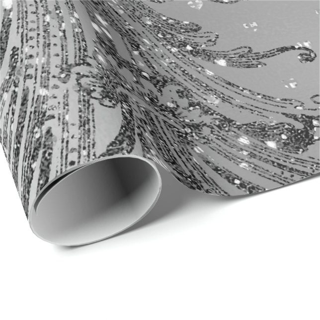 Silver Grey Metalllic Crystal Damask Hearts Black Wrapping Paper (Roll Corner)