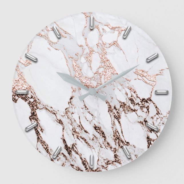 Silver Grey Minimalism  Metallic Marble Rose Gold Large Clock (Front)