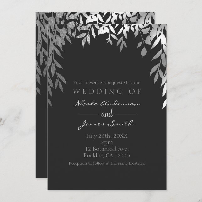 Silver & Grey Modern Glam Botanical Leaves Wedding Invitation (Front/Back)