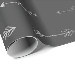 Silver Grey Monochromatic Metallic Arrows Black Wrapping Paper