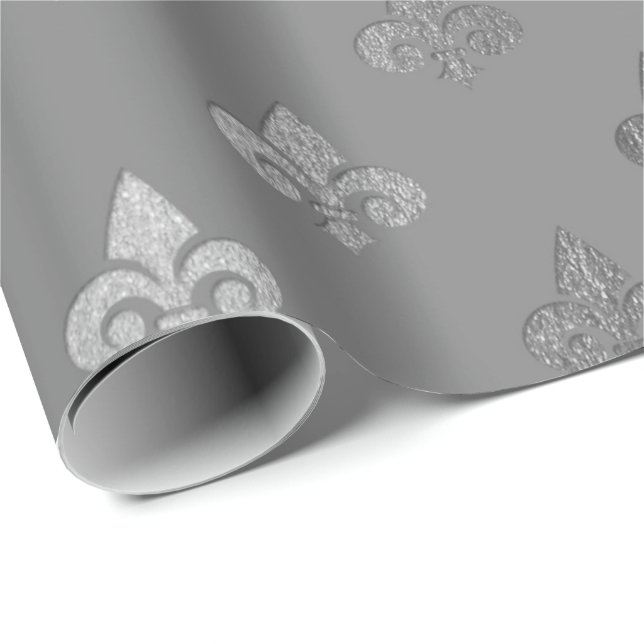Silver Grey Monochromatic Metallic Fleur-de-lis Wrapping Paper (Roll Corner)