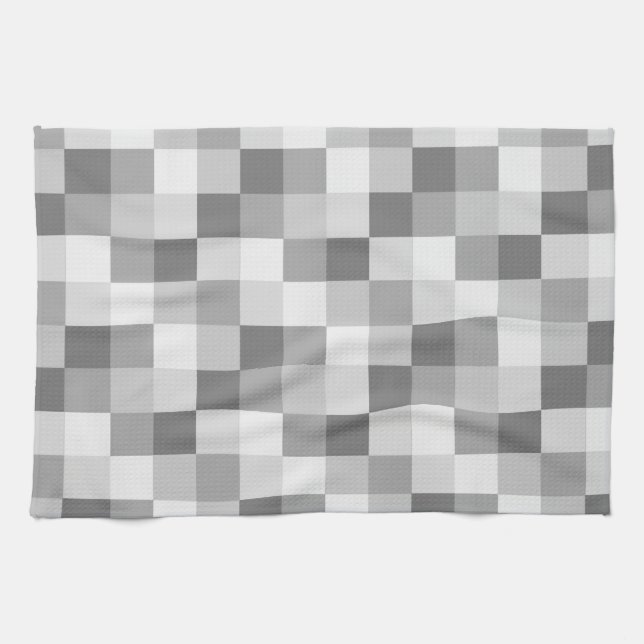 Silver Grey Monochrome Chequered Pattern Tea Towel (Horizontal)