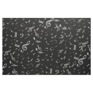 Silver Grey Musical Notes on Black Fabric