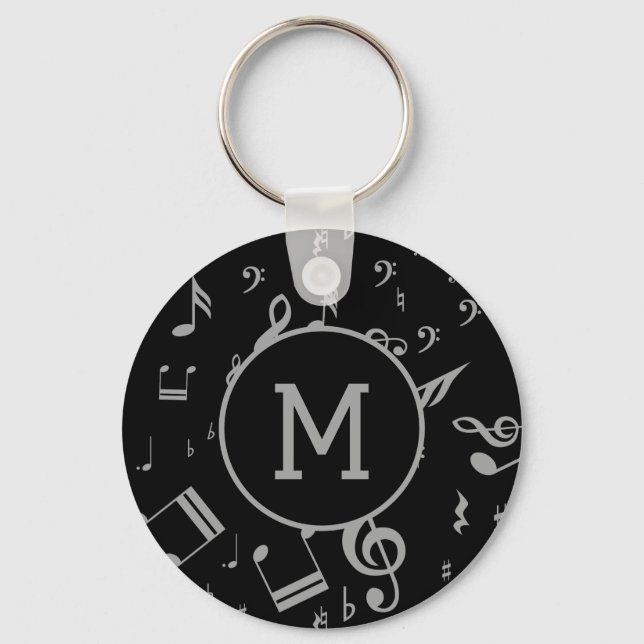 Silver Grey Musical Notes on Black Key Ring (Front)